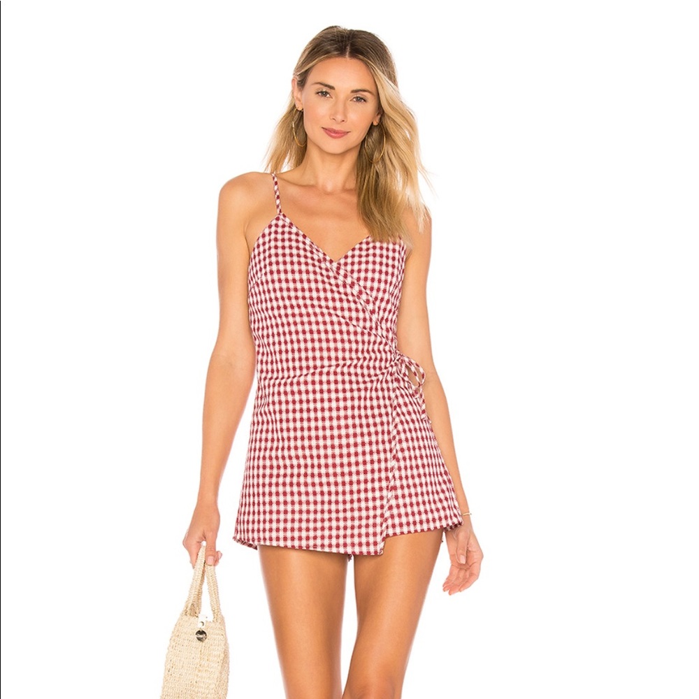 REVOLVE BY THE WAY WRAP ROMPER IN RED GINGHAM